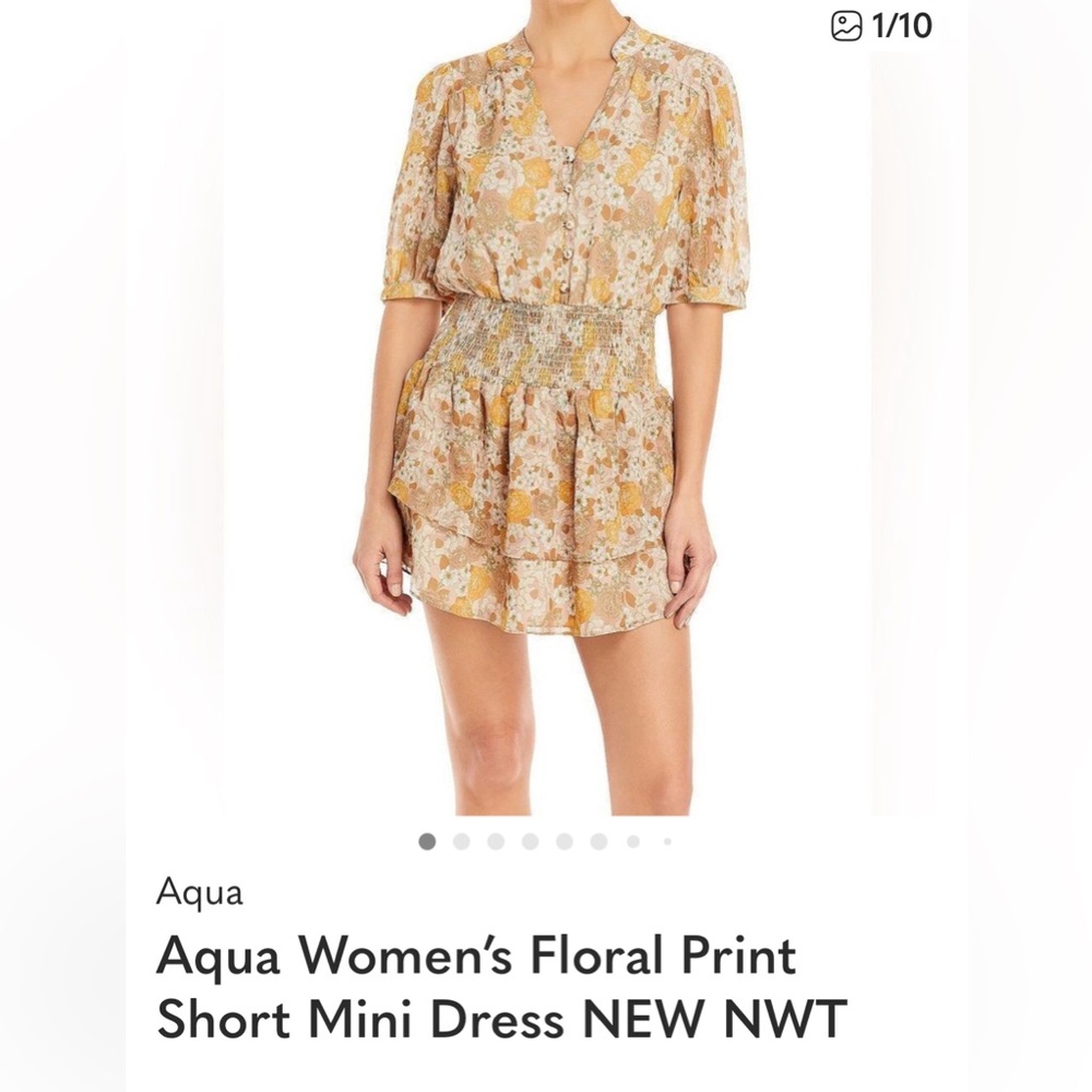 Aqua - Floral V-Neck dress in Tan and Yellow
